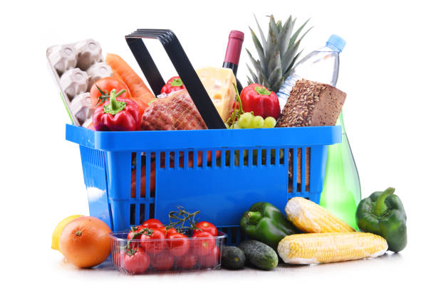 istock Plastic shopping basket with assorted grocery products 1026472492