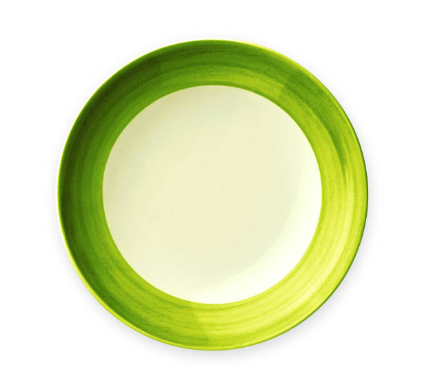 istock Empty plate with green pattern edge, Ceramic plate with spiral pattern in watercolor styles, View from above isolated on white background with clipping path 1026480546