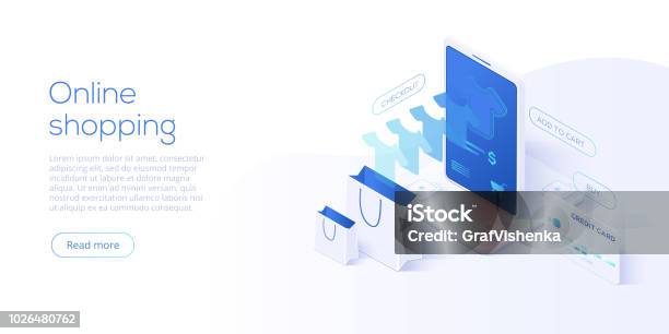 Online Shopping Or Ecommerce Isometric Vector Illustration Internet Store Checkput Procedure Concept With Smartphone And Bag Credit Card Payment Transaction Via App Stock Illustration - Download Image Now