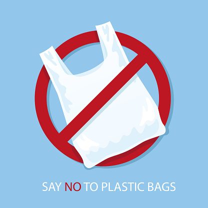 Say no to plastic bags poster. Disposable cellophane and polythene package prohibition sign. Pollution problem concept. Vector illustration.
