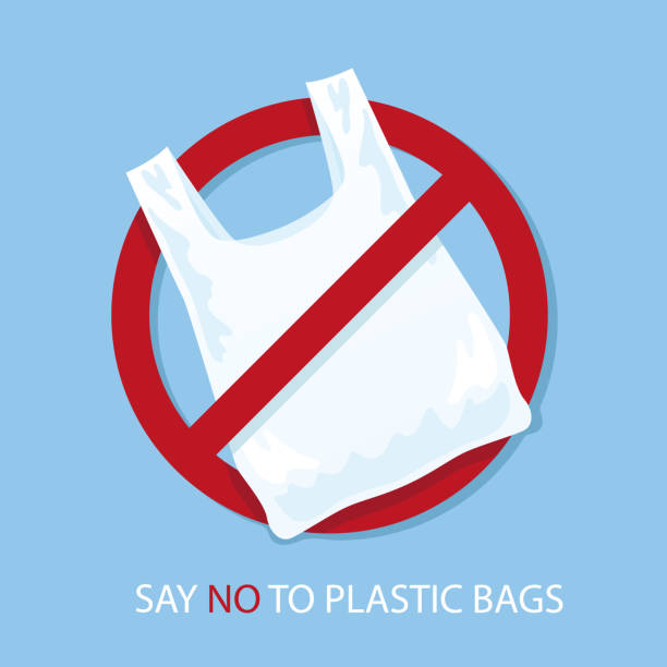 Say no to plastic bags poster. Disposable cellophane and polythene package prohibition sign. Pollution problem concept. Vector illustration. Say no to plastic bags poster. Disposable cellophane and polythene package prohibition sign. Pollution problem concept. Vector illustration. plastic bag stock illustrations