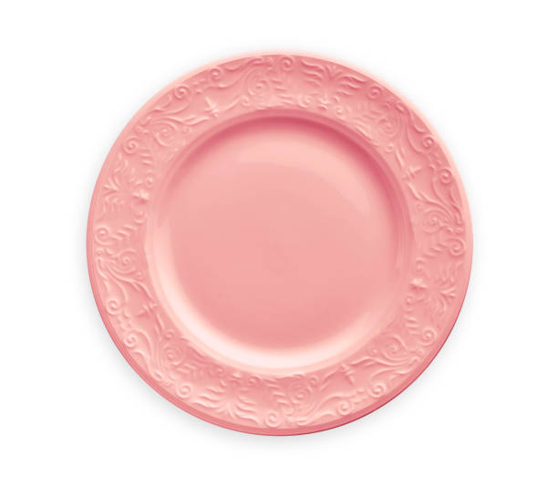 istock Empty plate with floral pattern edge, Pink round plate features a beautiful rim with floral pattern, View from above isolated on white background with clipping path 1026483662