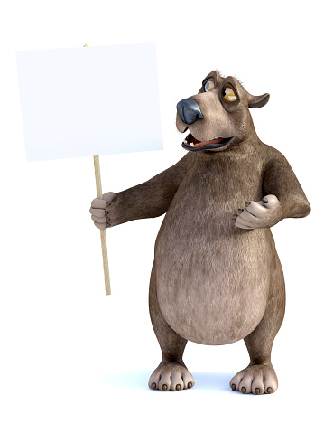 3D rendering of a charming smiling cartoon bear holding a blank sign in his hand. He is looking at the sign. White background.