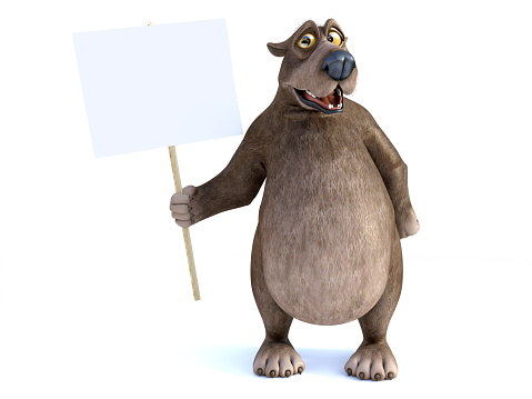 3D rendering of a charming smiling cartoon bear holding a blank sign in his hand. White background.