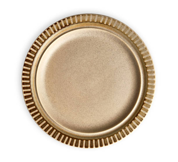 istock Empty ceramic plate with stripe pattern edge, Brown plate with dark brown rim, View from above isolated on white background with clipping path 1026484300