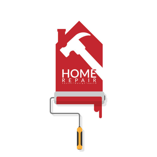 vector illustrator design of paint roller painting red color on white wall in shape of house logo with white shadow of hammer with text home repair. home renovation service and painting concept vector illustrator design of paint roller painting red color on white wall in shape of house logo with white shadow of hammer with text home repair. home renovation service and painting concept red hammer stock illustrations