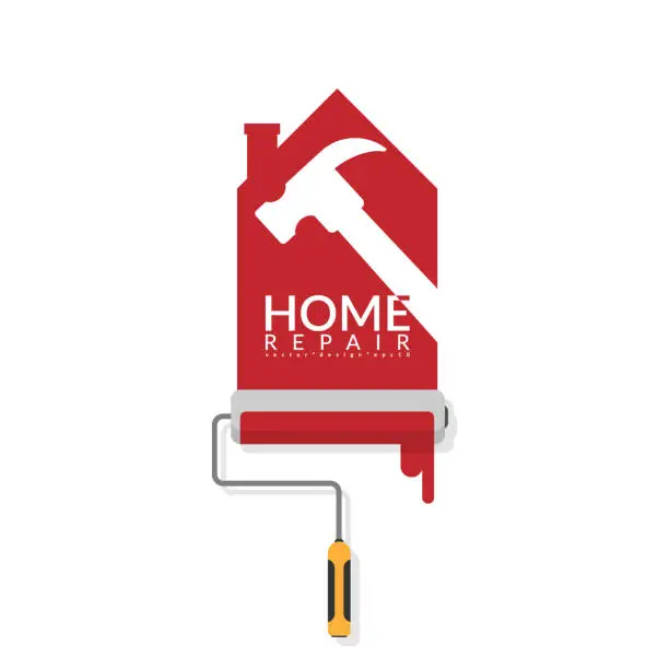 Vector illustration of vector illustrator design of paint roller painting red color on white wall in shape of house logo with white shadow of hammer with text home repair. home renovation service and painting concept