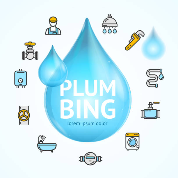 ilustrações de stock, clip art, desenhos animados e ícones de plumbing concept with blue water droplet. vector - pipeline pipe valve three dimensional shape