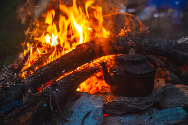 istock Boiling of tea in kettle on bonfire with large firewood. Tea drinking in open air. Active outdoor recreation. Camping in dusk. Romantic warm atmosphere in twilight on nature. Active rest. 1026485492