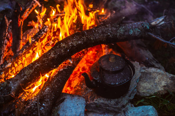 istock Boiling of tea in kettle on bonfire with large firewood. Tea drinking in open air. Active outdoor recreation. Camping in dusk. Romantic warm atmosphere in twilight on nature. Active rest. 1026485502