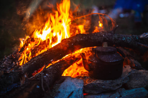 istock Boiling of tea in kettle on bonfire with large firewood. Tea drinking in open air. Active outdoor recreation. Camping in dusk. Romantic warm atmosphere in twilight on nature. Active rest. 1026485528