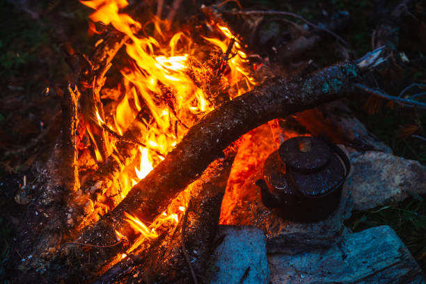 istock Boiling of tea in kettle on bonfire with large firewood. Tea drinking in open air. Active outdoor recreation. Camping in dusk. Romantic warm atmosphere in twilight on nature. Active rest. 1026485542