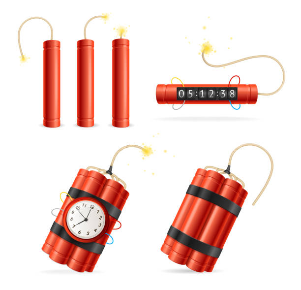 Realistic Detailed 3d Red Detonate Dynamite Bomb Set. Vector Realistic Detailed 3d Red Detonate Dynamite Bomb Stick and Timer Clock Set Isolated on White Background. Vector illustration Dynamite stock illustrations