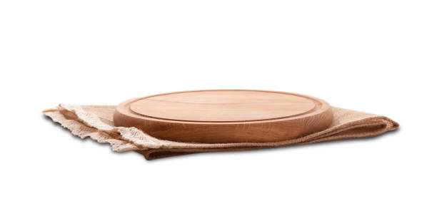 istock Napkin and board for pizza isolated. Canvas, dish towelst op view mock up. Selective focus. 1026488506