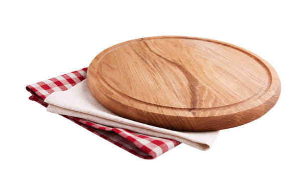 istock Napkin and board for pizza isolated on white. Canvas, dish towels on white background top view mock up. Selective focus. 1026488518