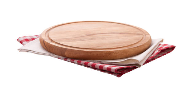 istock Napkin and board for pizza isolated on white. Canvas, dish towels on white background top view mock up. Selective focus. 1026488544