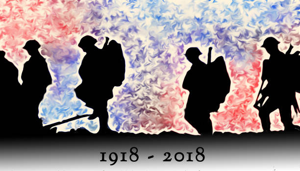Outline of WWI soldiers walking over colourful blasts Outline of WWI soldiers walking over colourful blasts 1918 stock pictures, royalty-free photos & images