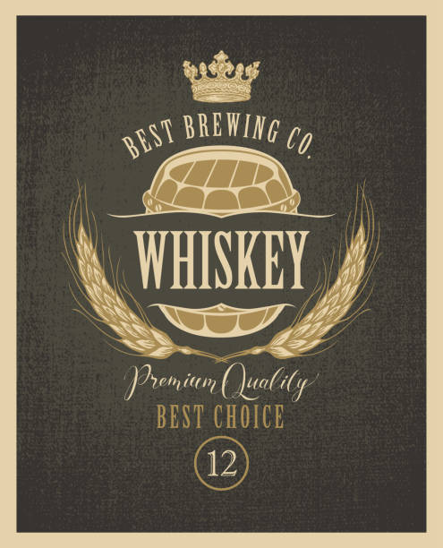 Label for whiskey with ears of barley and barrel Vector label for whiskey premium quality with crown, ears of barley, wooden barrel and inscriptions on a fabric background in retro style bourbon barrel stock illustrations