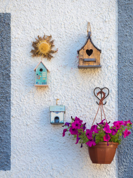 decorativa de madeira feita bird´s ninho e flores em uma parede, detalhe da parede - birdhouse birds nest box isolated - fotografias e filmes do acervo