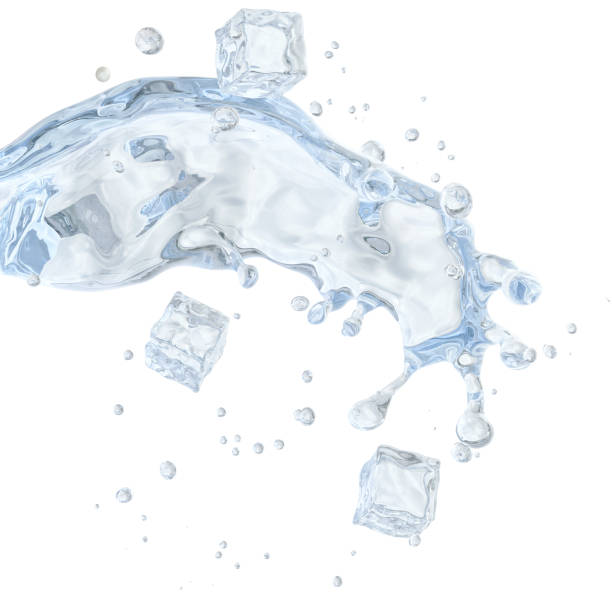 istock Water splash with water droplets and ice cubes isolated on light background. 3D illustration 1026493462