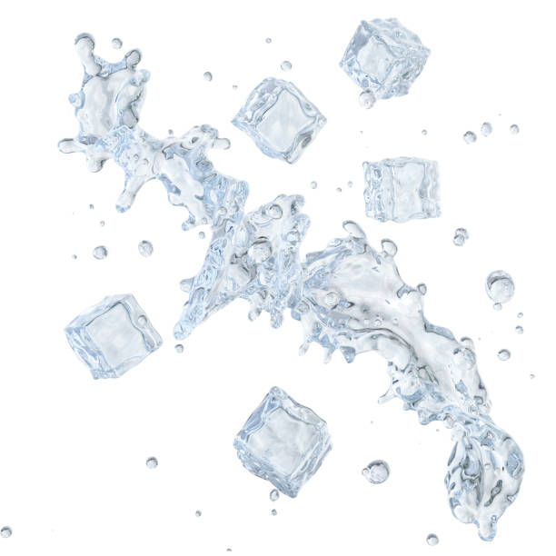 istock Water splash with water droplets and ice cubes isolated on light background. 3D illustration 1026493474