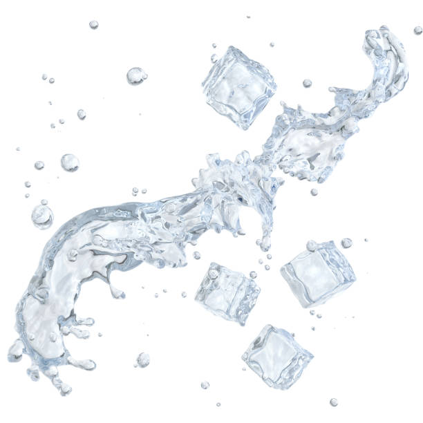 istock Water splash with water droplets and ice cubes isolated on light background. 3D illustration 1026493478