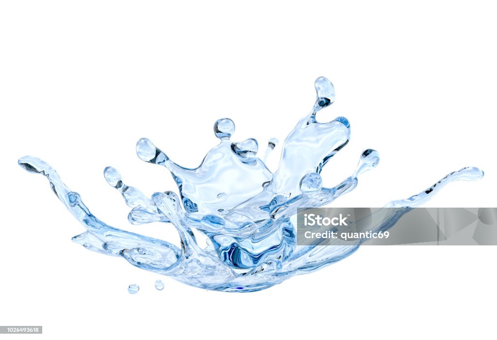 Water splash with water droplets isolated on light background. 3D illustration water spiral splash with crown and droplets isolated on white background. 3D illustration Water Stock Photo