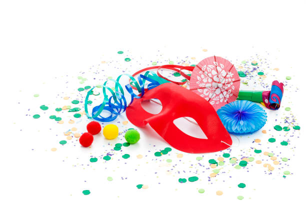 istock Party or carnival decoration. Streamers, umbrellas and confetti on white backdrop 1026499162