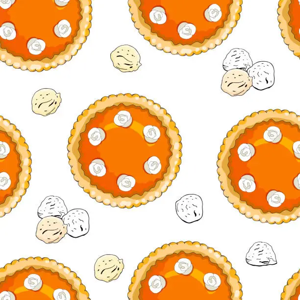 Vector illustration of Seamless pattern with pumpkin pies and ice cream. The theme of autumn, harvest and thanksgiving.