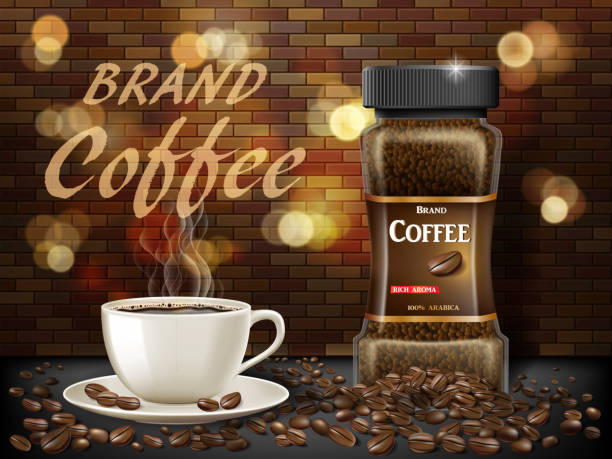 istock Black Arabica coffee cup with beans ads. 3d illustration of hot coffee mug. Product retro design with bokeh and brick background. Vector 1026499606
