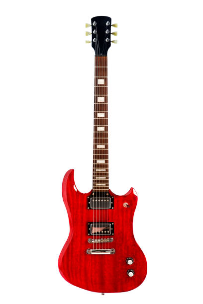 Red electric guitar isolated on white Red mahogany solid-body electric guitar. electric guitar photos stock pictures, royalty-free photos & images