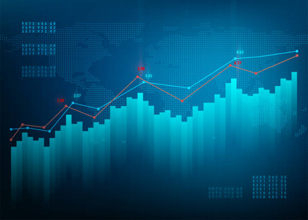 ilustraciones, imágenes clip art, dibujos animados e iconos de stock de tabla de financiamiento. mercado gráfico común. fondo de vector azul de crecimiento empresarial. banco del enlace de datos en línea - stock exchange chart stock market investment