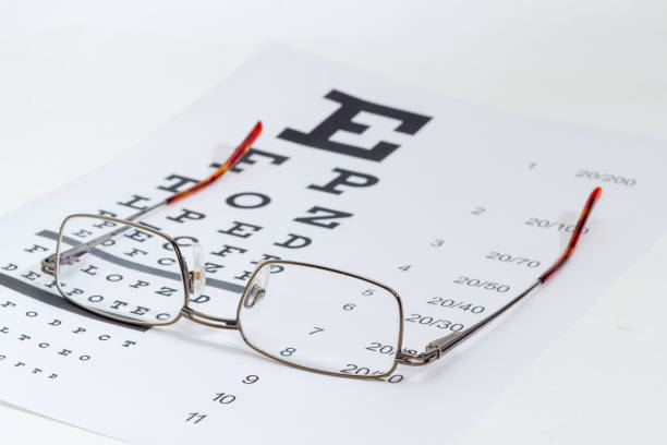 istock Men's eyeglasses on eye check chart at selective focus 1026524536