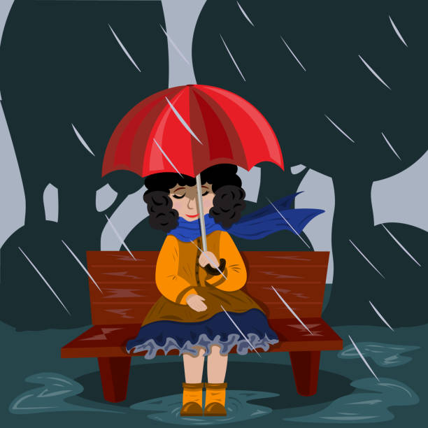 mädchen im park mit einem regenschirm auf der bank im park. - scarf blowing women autumn stock-grafiken, -clipart, -cartoons und -symbole