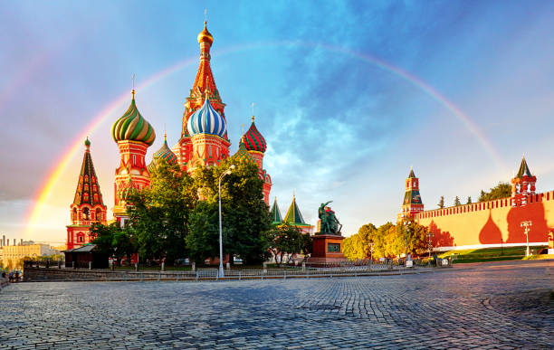 istock Moscow, Russia - Red square view of St. Basil's Cathedral with rainbow 1026529010