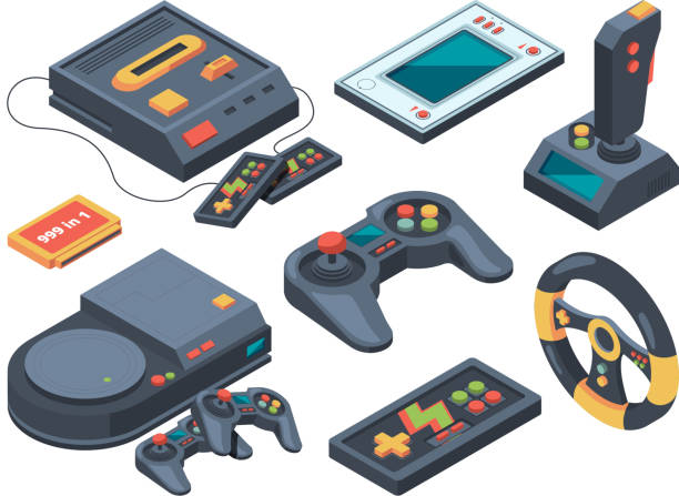 ilustrações de stock, clip art, desenhos animados e ícones de video game console and different technical gadgets - joystick gamepad control joypad