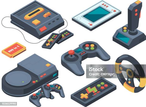 Video Game Console And Different Technical Gadgets Stock Illustration - Download Image Now - Gambling, Control, Isometric Projection