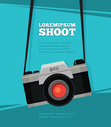 Poster with illustration of retro photo camera. Design template with place for your text. Vector camera photo vintage poster