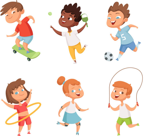 illustrations, cliparts, dessins animés et icônes de divers d’enfants dans les activités sportives. personnages de vecteur isoler sur fond blanc - tennis child sport cartoon