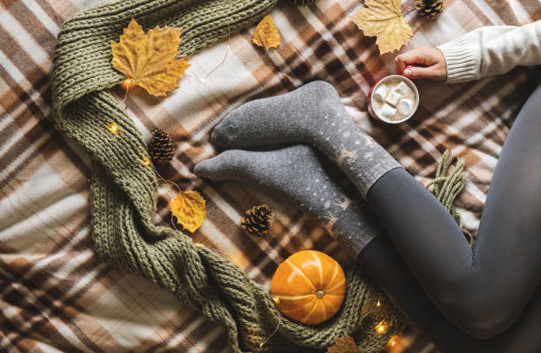 Women's hands and feet in sweater and woolen cozy gray socks holding cup of hot coffee with marshmallow, sitting on plaid with pumpkin, knitted scarf, leaves. Concept winter comfort, morning drinking. stock photo