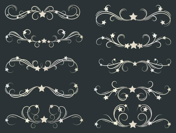 illustrazioni stock, clip art, cartoni animati e icone di tendenza di motivi decorativi con stelle - illustrazione - flourishes tattoo scroll ornate