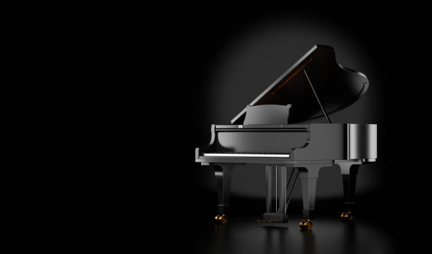 검은 배경에 고립 된 검은 그랜드 피아노 - 그랜드 피아노 뉴스 사진 이미지