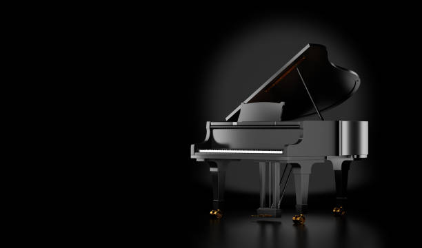 เปียโนแกรนด์สีดําแยกบนพื้นหลังสีดํา - grand piano ภาพสต็อก ภาพถ่ายและรูปภาพปลอดค่าลิขสิทธิ์