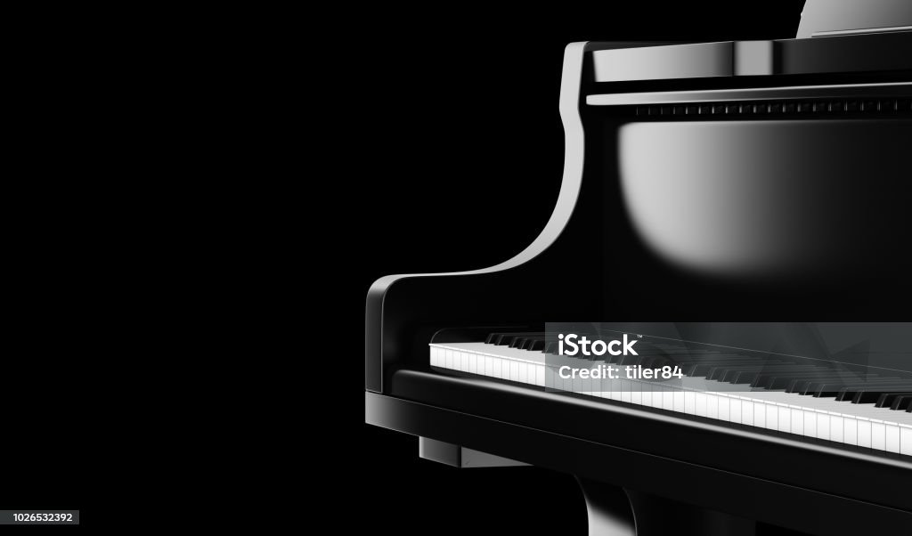 piano à queue noir CloseUp isolée sur fond noir - Photo de Piano libre de droits