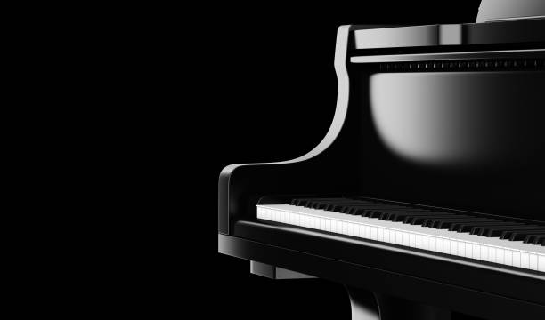 黒の背景に分離されたクローズ アップ黒いグランド ピアノ - ピアノの鍵盤 ストックフォトと画像