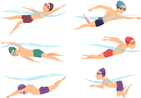 Swimmers at various poses. Cartoon sport characters in poll action poses crawl, breaststroke and butterfly, vector illustration