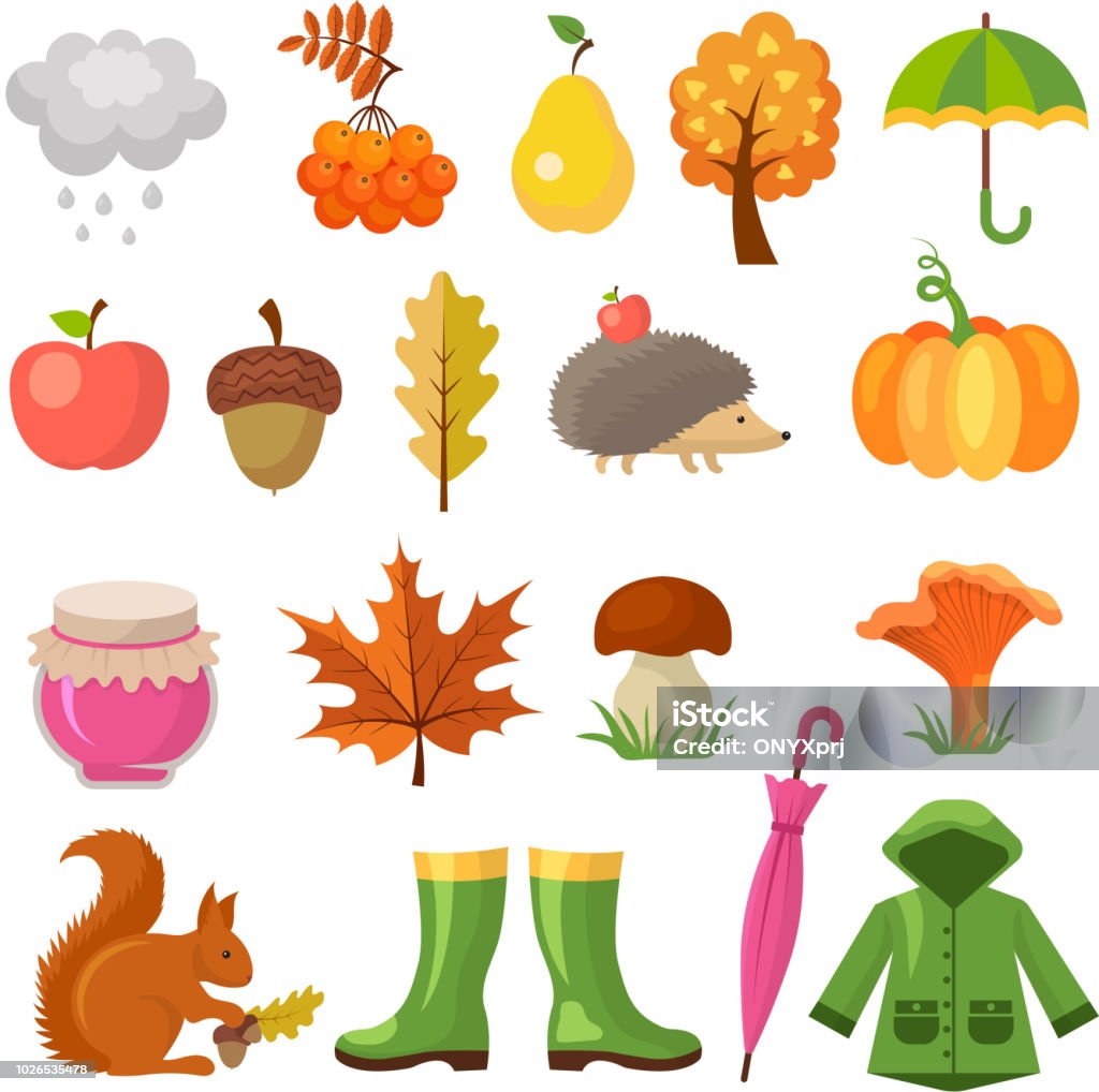 Autumn colored symbols. Vector icon set of autumn Autumn colored symbols. Vector icon set of autumn. Plant and mushroom, squirrel and hedgehog illustration Autumn stock vector