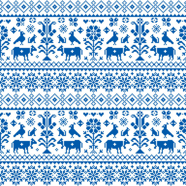 Retro traditional cross-stitch vector seamless pattern - repetitive background inspired Swiss old style embroidery with flowers and animals Navy blue symmetric floral decoration with birds, cows and cats, old textile ornament switzerland stock illustrations