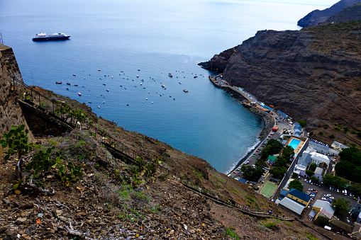 View down to Jamestown, the main town of remote Saint Helena Island from top of Jacobs ladder