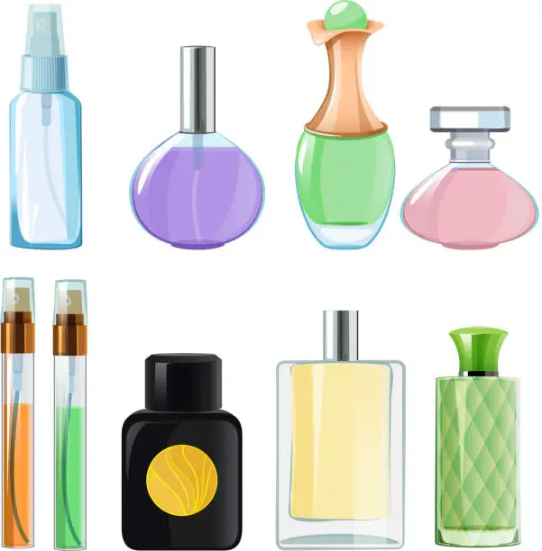 Vector illustration of Woman perfumes. Glass bottles of perfume on white